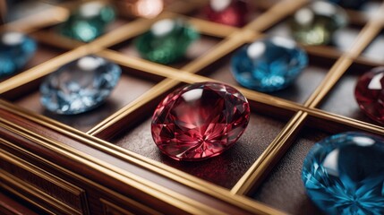 Close-up of colorful gemstones in a wooden display case, ideal for jewelry promotions and luxury marketing.