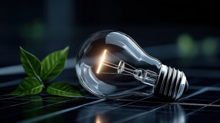 Illuminated light bulb entwined with green leaves, set on sleek solar panels, symbolizing sustainable energy and technology integration.