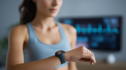 Fitness enthusiast wearing ECG-equipped smartwatch defocused during workout, faceless health technology, heart rate visualization detail, blurred monitor background, data concept,