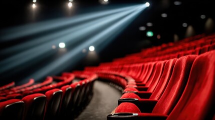 Dramatic lighting illuminates empty red cinema seats, evoking suspense and anticipation in a dark theater setting.