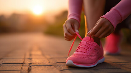Close-up hands tying vibrant running defocused shoes park, faceless pathway sunrise, fitness visualization detail, blurred macro background, active concept, lifestyle interface, pr