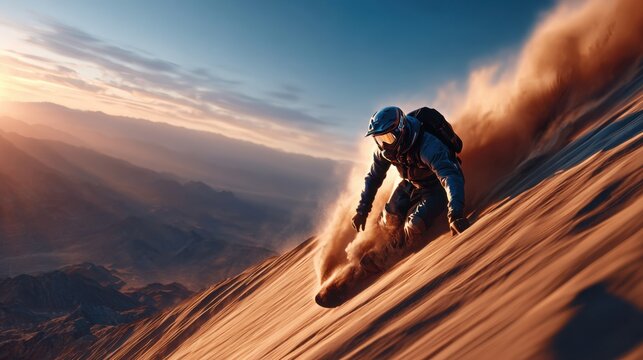 A sandboarding athlete descends a vast sand dune under golden sunlight, capturing the thrill and energy of extreme sports.