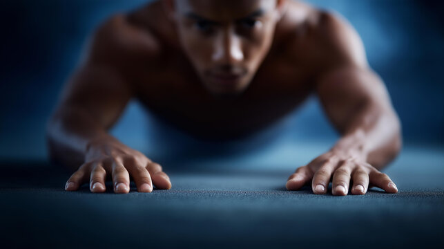 Male athlete silhouette holding high defocused plank pushup, faceless start position, exercise visualization detail, blurred workout background, strength concept, training interfac - Powered by Adobe