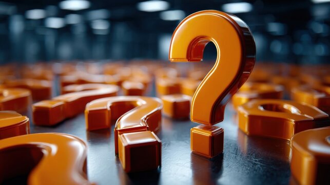 Glossy orange question marks on reflective dark surface, symbolizing curiosity and inquiry. Suitable for concepts of problem-solving and knowledge.