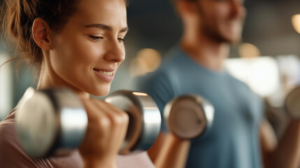 Fitness trainer helping client lift defocused dumbbells gym, faceless environment focus, motivation visualization detail, blurred training background, assistance concept, coaching