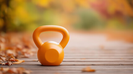 Bright orange kettlebell on wooden defocused path autumn, faceless outdoor fitness, leaves visualization detail, blurred seasonal background, wellness concept, thanksgiving interfa