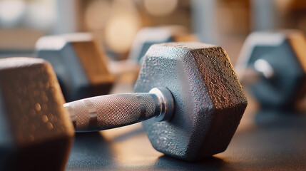 Close-up wet textured dumbbells for defocused fitness workout, faceless motivation equipment, weight visualization detail, blurred training background, exercise concept, gym interf