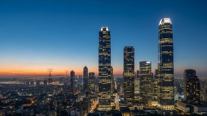 City skyline with tall skyscrapers at dusk or twilight, blue and orange gradient sky.