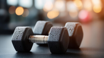 Close-up wet textured dumbbells for defocused fitness workout, faceless motivation equipment, weight visualization detail, blurred training background, exercise concept, gym interf