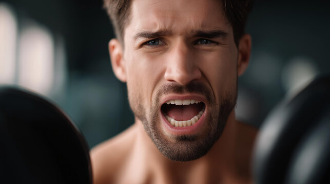 Muscular man shouts lifting weights defocused in gym, faceless intense workout, strength visualization detail, blurred training background, determination concept, bodybuilding inte