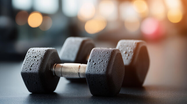 Close-up wet textured dumbbells for defocused fitness workout, faceless motivation equipment, weight visualization detail, blurred training background, exercise concept, gym interf
