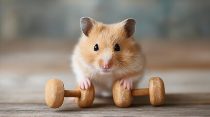 Muscular hamster lifting dumbbells gym defocused showing biceps, faceless strength training, fitness visualization detail, blurred humorous background, workout concept, creative in