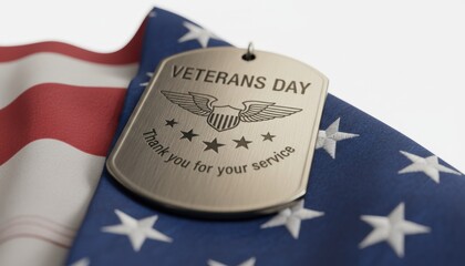 Metal military dog tag engraved with Veterans Day and a message of gratitude rests on a patriotic national flag with stars and stripes in a respectful close-up composition