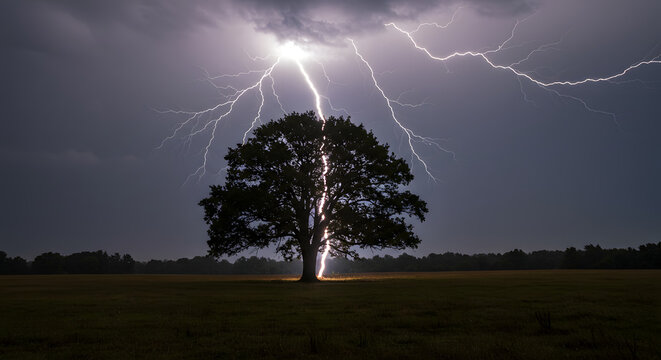 Lightning striking solitary tree in open field during storm  