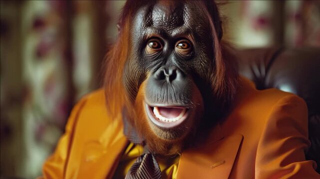 An orangutan dressed as a businessman.