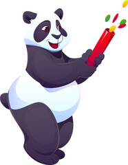 Christmas animal or cartoon panda character for winter holiday, vector personage. Funny panda bear with confetti popper or firecracker for Christmas greeting, New Year and Xmas celebration