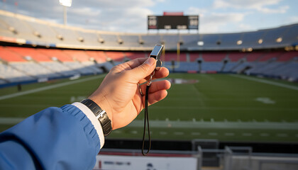 Referee blowing whistle at a stadium, ready for the next play or game to start