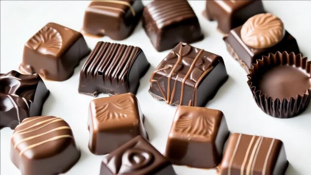Bite-sized chocolate candies with intricate designs and patterns.