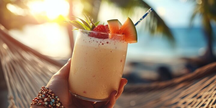 Woman holding tropical fruit smoothie on beach hammock at sunset - Powered by Adobe