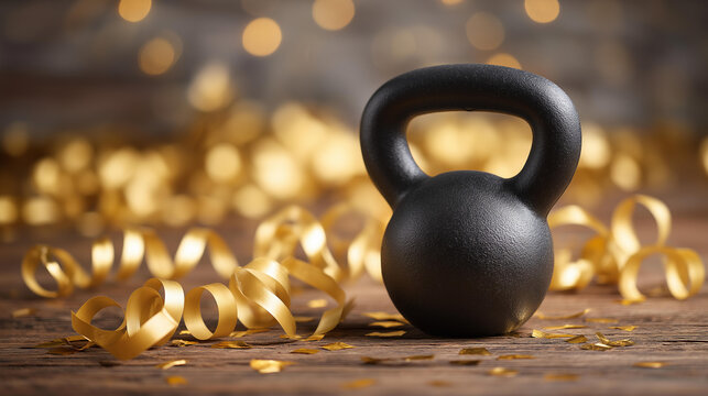 Kettlebell workout equipment surrounded golden defocused streamers confetti, faceless celebrating fitness, achievement visualization detail, blurred party background, goals concept
