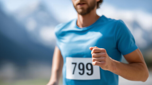 City marathon race bib 789 defocused on athlete's, faceless blue jersey, competition visualization detail, blurred mountain background, running concept, race interface, number disp