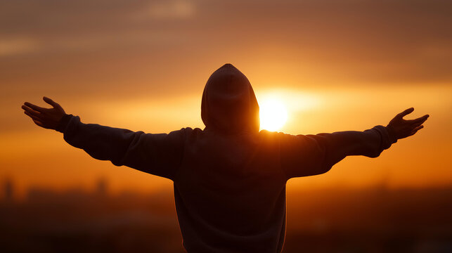 Hooded figure outstretched arms silhouetted defocused against golden, faceless sunset freedom, embracing visualization detail, blurred sky background, hope concept, liberation inte
