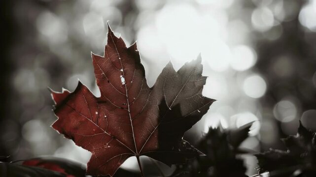 Close-up of a vibrant red maple leaf against blurred autumn leaves and bokeh light.
