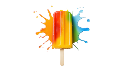 Colorful popsicle with vibrant paint splashes on transparent background