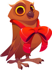 Christmas owl or cartoon bird character for Xmas winter holiday, vector personage. Funny owl with happy face and red ribbon decoration as bow tie for Christmas greeting and New Year animal character