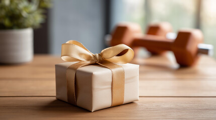 Fototapeta premium Thoughtful gift fitness equipment presented defocused beautifully golden, faceless ribbon health, wellness visualization detail, blurred present background, cherished concept, gift