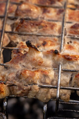 marinated chicken meat with spices during cooking on the grill, chicken fillet on the grill with high heat and smoke