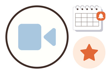 Blue video camera icon in circle, calendar with notification bell, orange star on peach circle. Ideal for online meeting planning, organization, scheduling, reminders, productivity focus. Simple