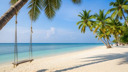 Obraz premium A serene tropical beach with soft white sand, turquoise water, swaying palm trees, and a wooden swing hanging over the shoreline on a bright sunny day.