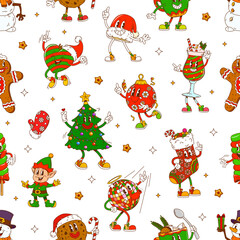 Christmas groovy characters, Xmas funky hippie seamless pattern. Vector funny Christmas elf, Santa hat, snowman and stocking groovy characters dancing around Xmas tree, winter holidays retro pattern