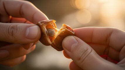 Hands tearing apart a piece of food with a blurred background.