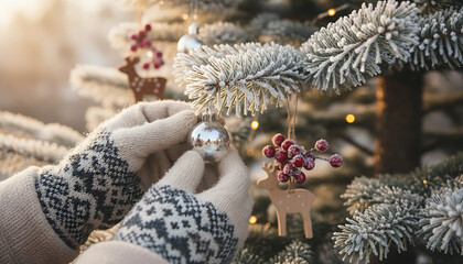 Cozy winter scene of decorating a frosted Christmas tree with festive ornaments