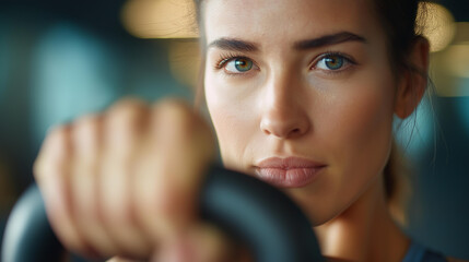 Focused woman doing kettlebell workout defocused determination face, faceless modern studio, strength visualization detail, blurred fitness background, athletic concept, motivation