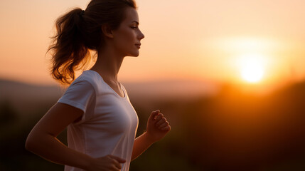 Dynamic silhouette woman running outdoors defocused during sunrise, faceless sunset captured, warm visualization detail, blurred glowing background, fitness concept, motivation int