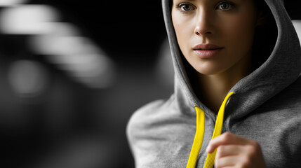 Female athlete running in hoodie defocused intense action, faceless yellow accent, dynamic visualization detail, blurred motion background, fitness concept, motivation interface, p