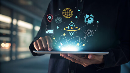 Business person holding a tablet displaying a glowing holographic interface with icons representing space travel, global network, data, and digital innovation in a modern office setting