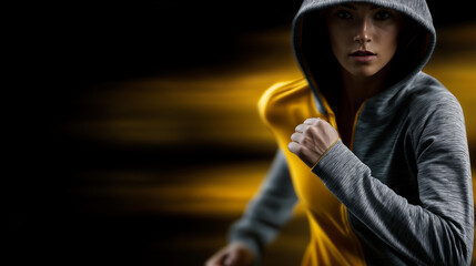 Female athlete running in hoodie defocused intense action, faceless yellow accent, dynamic visualization detail, blurred motion background, fitness concept, motivation interface, p