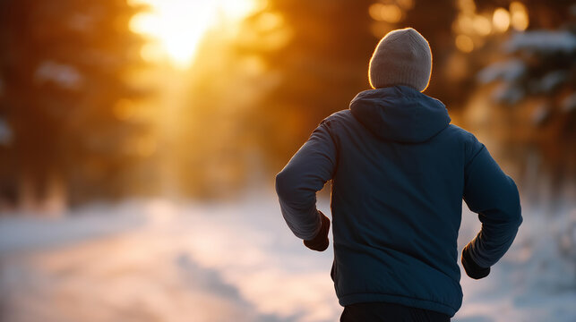 Man running winter forest sunrise defocused fitness health, faceless outdoor training, running visualization detail, blurred nature background, cold concept, morning interface, exe