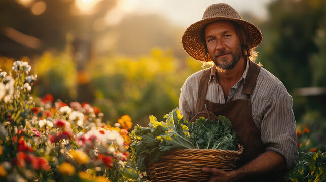 Rural farmer with a beard wearing a hat and apron. Proudly holding a wicker basket filled with freshly harvested organic carrots and potatoes. Embracing a sustainable country living lifestyle - Powered by Adobe