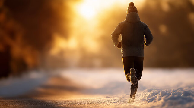 Man running winter forest sunrise defocused fitness health, faceless outdoor training, running visualization detail, blurred nature background, cold concept, morning interface, exe
