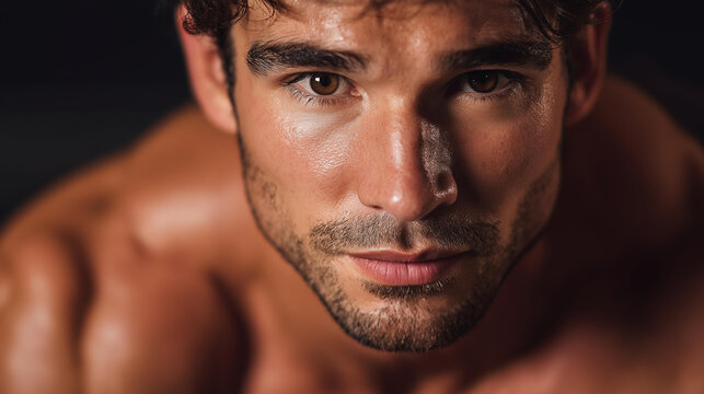 Focused male athlete with determined defocused expression closeup, faceless intense workout, sweat visualization detail, blurred skin background, strength concept, perseverance int - Powered by Adobe