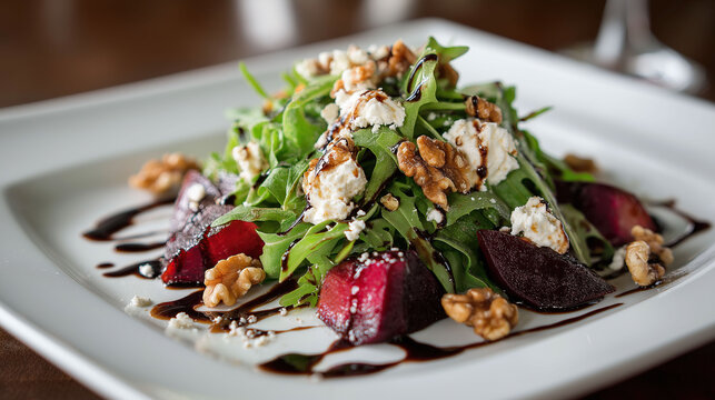 Gourmet beet salad features arugula, goat cheese, walnuts, and balsamic drizzle.
- Powered by Adobe