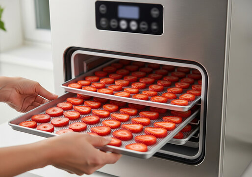 A dehydrator full of fresh strawberries being handled for food preservation, a sustainable approach to maintaining produce for future consumption and a healthy snack