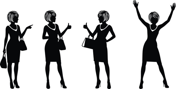 Woman silhouette gestures, pointing and thumbs-up, handbag poses, black vector, expressive posture, dress and heels, emotional reaction, character design, gesture set