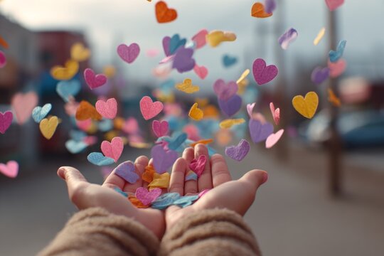 Celebrating love and joy with heart-shaped paper confetti falling into cupped hands