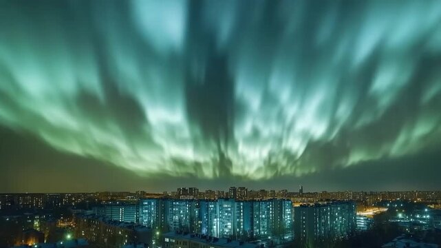 Aurora-like phenomenon illuminates city skyline with vibrant lights against a darkening twilight backdrop